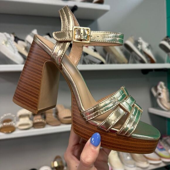 GOLD TRIM PLATFORM WOOD WEDGE HEEL - NON-BRANDED - Picture 4 of 4